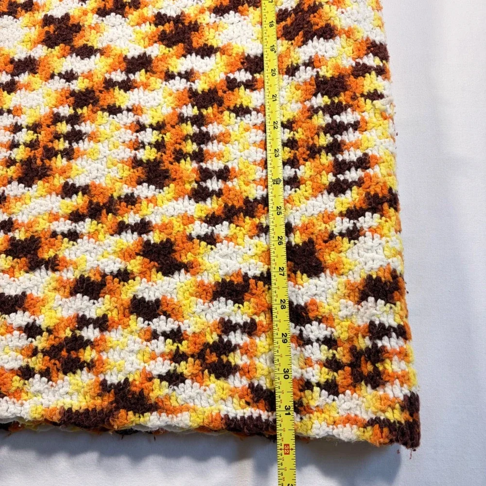 Vintage 70's Handmade Crochet Afghan Throw Blanket Orange Yellow Brown 64x44